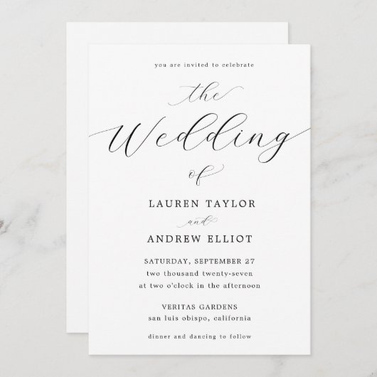 白黒スクリプエレガントトモダン結婚の 招待状 (正面/裏面)