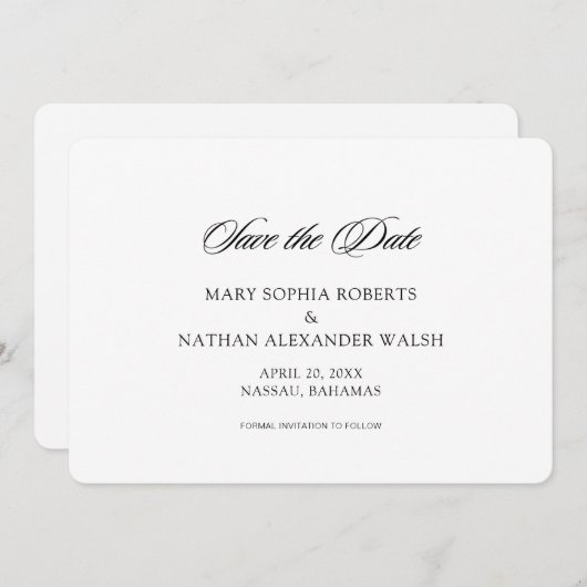 白黒スクリプトウェディング日付を保存 招待状 (正面/裏面)