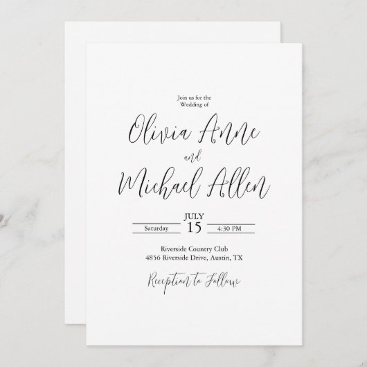 白黒スクリプトエレガント結婚式招待状 招待状 (正面/裏面)