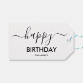 白黒スクリプトカジュアルの種類のハッピーバースデー ギフトタグ (正面(横))