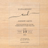 白黒スクリプトタイポグラフィ結婚の アクリル招待状 (正面)