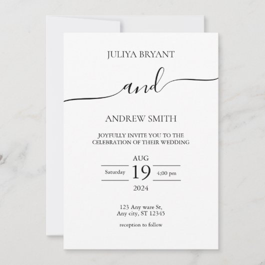 白黒スクリプトタイポグラフィ結婚の 招待状 (正面)