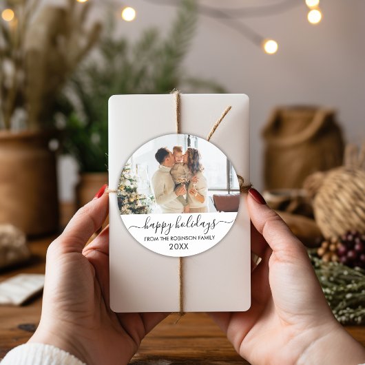 白黒スクリプトファミリーフォトハッピーホリデー ラウンドシール