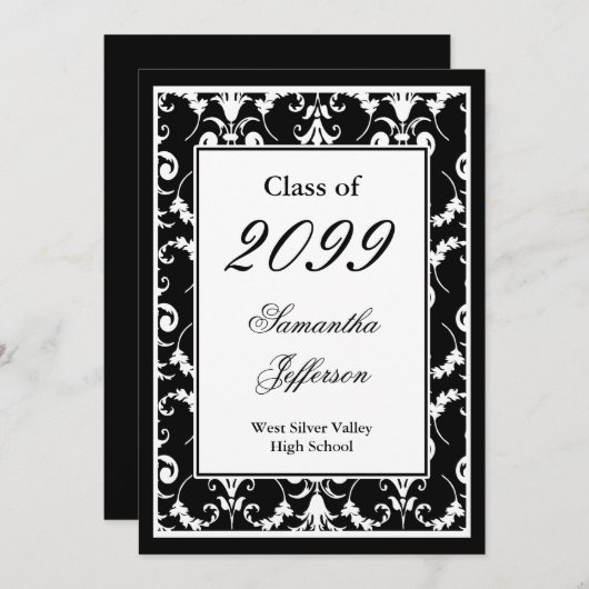 白黒スクリプトファンシーの卒業招待状 招待状 (正面/裏面)