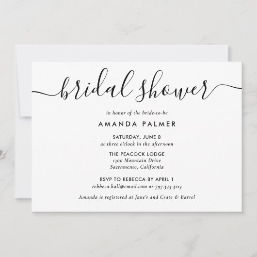 白黒スクリプトモダンブライダルシャワー 招待状 (正面)