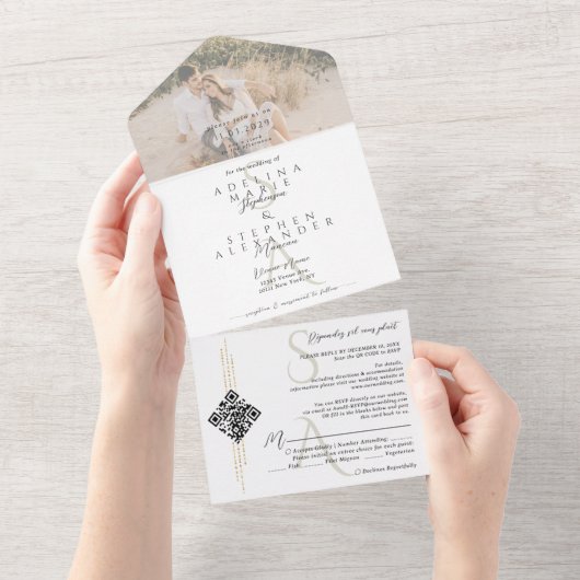 白黒スクリプトモノグラコンテンポラリーム結婚ズ オールインワン招待状 (貼ってはがせる)