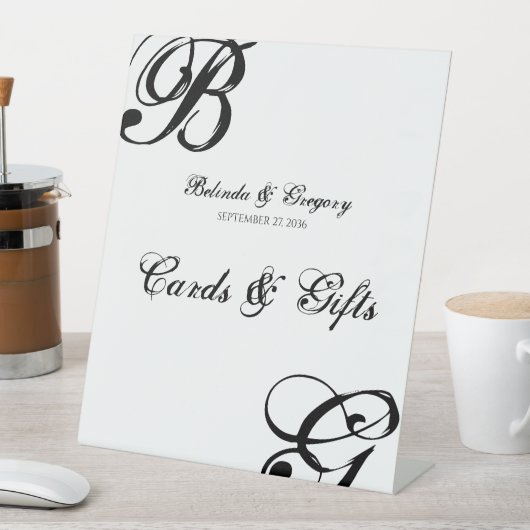 白黒スクリプトモノグラムウェディングカードギフト 台座サイン (インサイチュ)