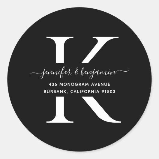 白黒スクリプトモノグラム差出人住所 ラウンドシール (正面)