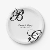 白黒スクリプトモノグラム結婚ズ ペーパープレート (正面)