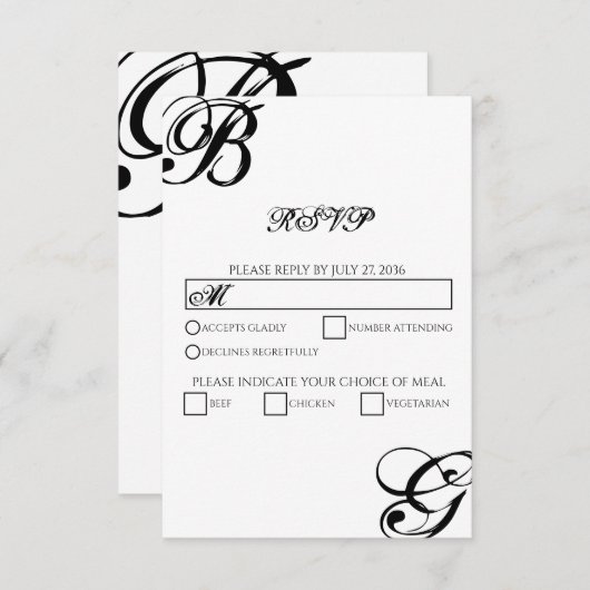 白黒スクリプトモノグラム結婚ズ 出欠カード (正面/裏面)