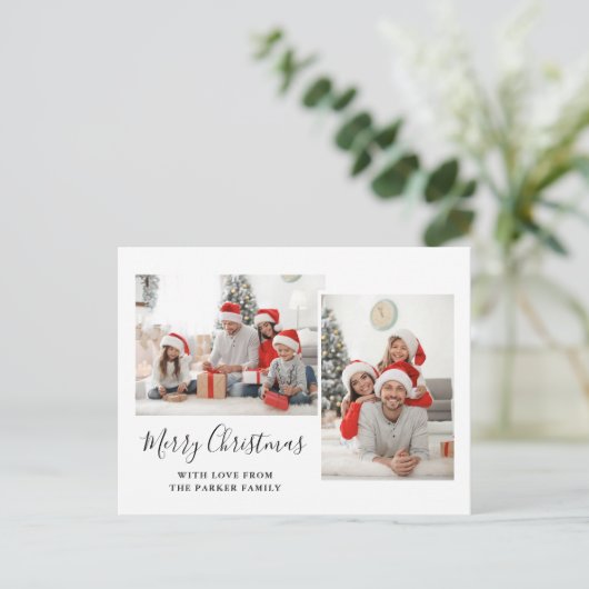 白黒スクリプト2枚の写真メリークリスマス シーズンポストカード (スタンド正面)