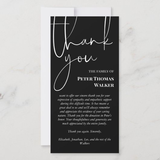 白黒スクリプト&2枚の写真お葬式 サンキューカード (正面)