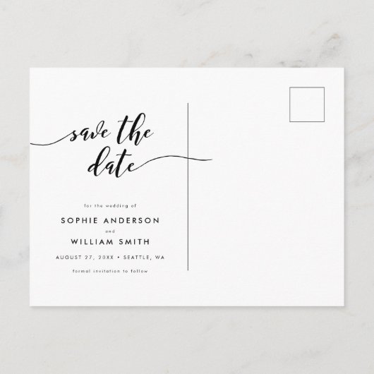 白黒スクリプリラックスト日付の保存 案内ポストカード (裏面)