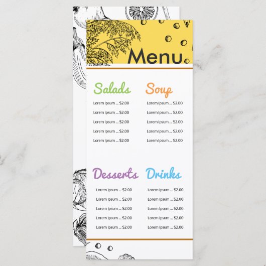 白黒スケッチアートオーガニックビーガンメニューテンプレート メニュー (正面/裏面)