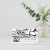 白黒スケッチスタイル電気技師（QR付） 名刺 (スタンド正面)