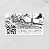 白黒スケッチスタイル電気技師（QR付） 名刺 (正面)