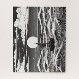 白黒スケッチ孤独なボート（海） ジグソーパズル