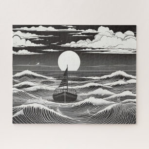 白黒スケッチ孤独なボート(海) ジグソーパズル