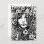 白黒スケッチ花付き女性 ポストカード (正面/裏面)