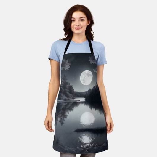 白黒スケッチ、湖と星 エプロン (着用した状態)