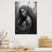 白黒スケッチ- Mermaid Art ポスター (キッチン)