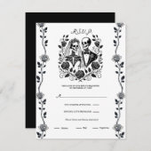 白黒スケルトンフローラバラつる植物ウェディングRSVP 招待状 (正面/裏面)