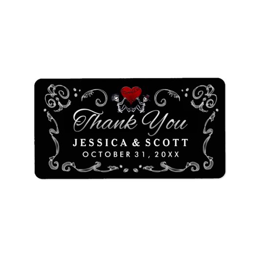 白黒スケルトン&ハート結婚ズサンキュー ラベル (正面)