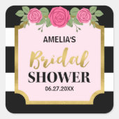 白黒スストライプピンクローズブライダルシャワー スクエアシール (正面)