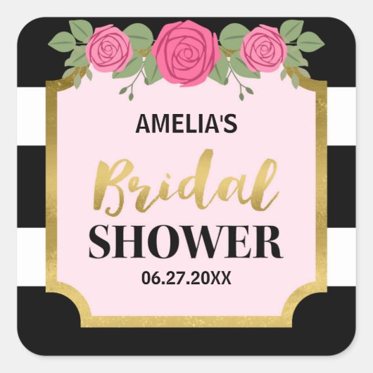 白黒スストライプピンクローズブライダルシャワー スクエアシール (正面)