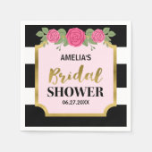 白黒スストライプピンクローズブライダルシャワー スタンダードカクテルナプキン (正面)