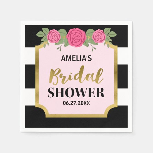 白黒スストライプピンクローズブライダルシャワー スタンダードカクテルナプキン (正面)