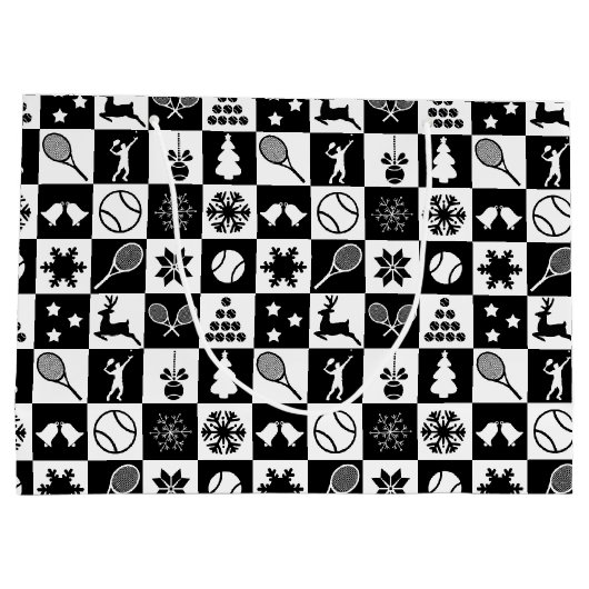 白黒スタイリッシュのクリスマステニス ラージペーパーバッグ (裏面)