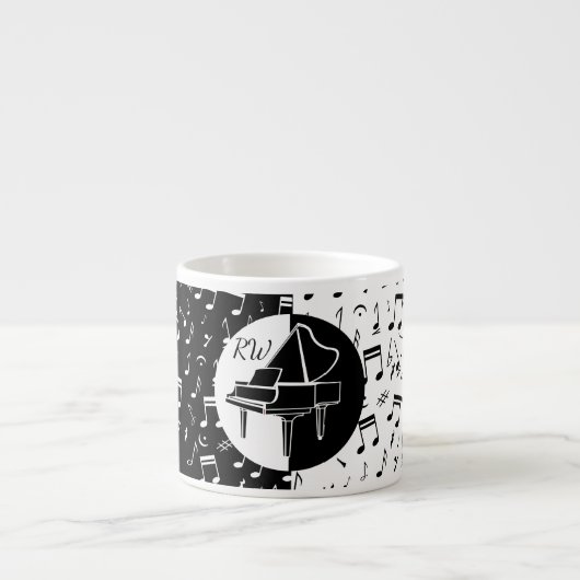 白黒スタイリッシュのピアノと音楽デザイン エスプレッソカップ (正面)