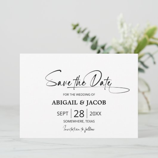 白黒スタイリッシュの結婚式の日付を保存 招待状 (スタンド正面)