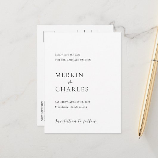 白黒スタイリッシュの結婚式の日付を保存 案内ポストカード (正面/裏面インサイチュ)