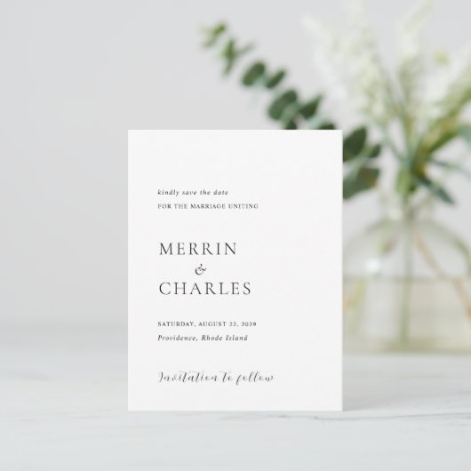 白黒スタイリッシュの結婚式の日付を保存 案内ポストカード (スタンド正面)