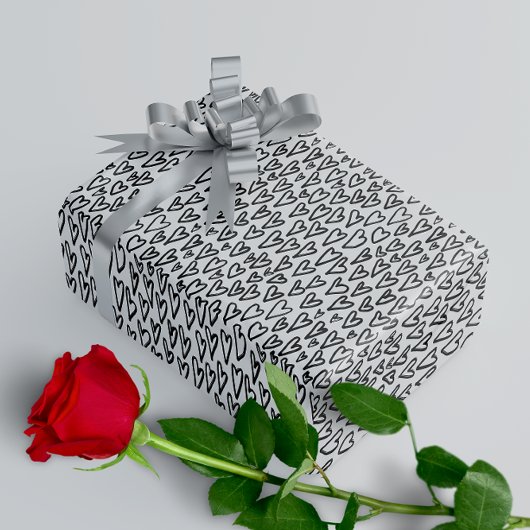 白黒スタイリッシュハートパターン ラッピングペーパー