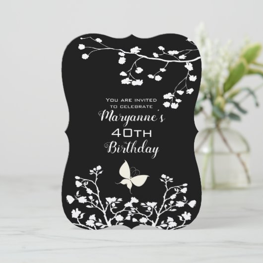 白黒スタイリッシュバタフライ誕生日 招待状 (スタンド正面)