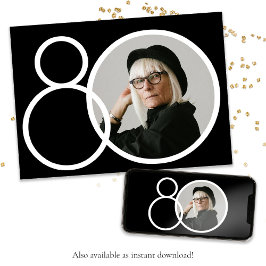 白黒スタイリッシュミニマル写真第80誕生日 招待状