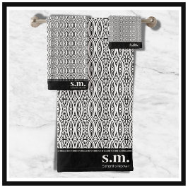白黒スタイリッシュ幾何学模様モノグラム バスタオルセット