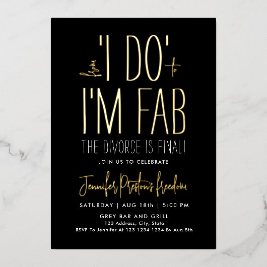 白黒スタイリッシュ離婚パーティー素晴らしい 箔招待状 (正面)