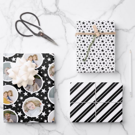 白黒スターストライプズ写真コラージュクリスマス ラッピングペーパーシート (正面)