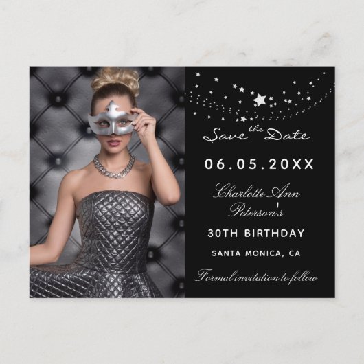 白黒スター写真の誕生日を保存 案内ポストカード (正面)