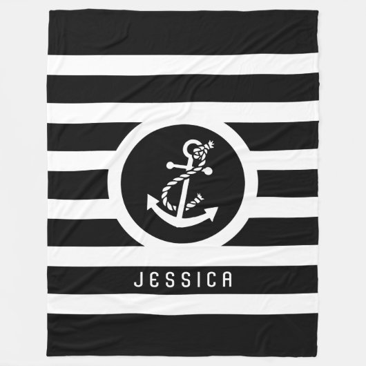 白黒ストライプいかり フリースブランケット (正面)