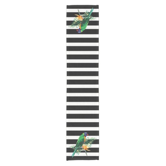 白黒ストライプとオウム ショートテーブルランナー (正面)
