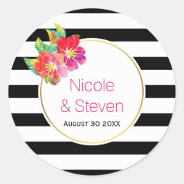 白黒ストライプと水彩花結婚の花 ラウンドシール