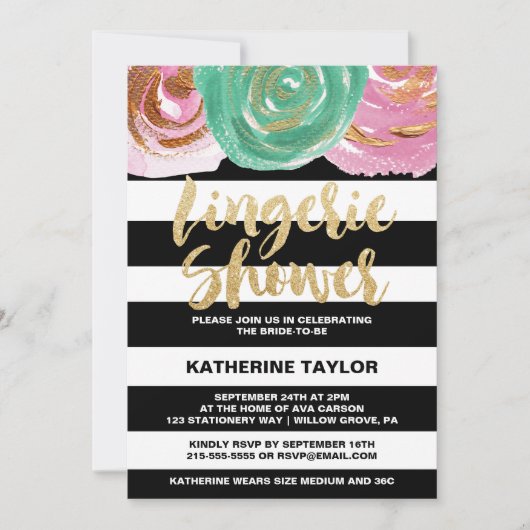 白黒ストライプと金ゴールド文字ランジェリーシャワー 招待状 (正面)