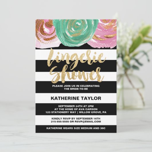 白黒ストライプと金ゴールド文字ランジェリーシャワー 招待状 (スタンド正面)