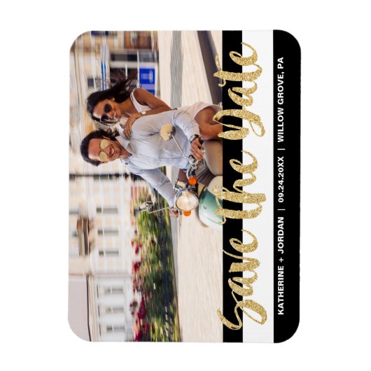 白黒ストライプと金ゴールド文字写真の保存日付 マグネット (縦)