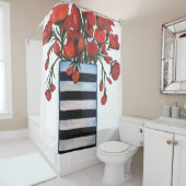 白黒ストライプのなつぼの赤い花 シャワーカーテン (インサイチュ)